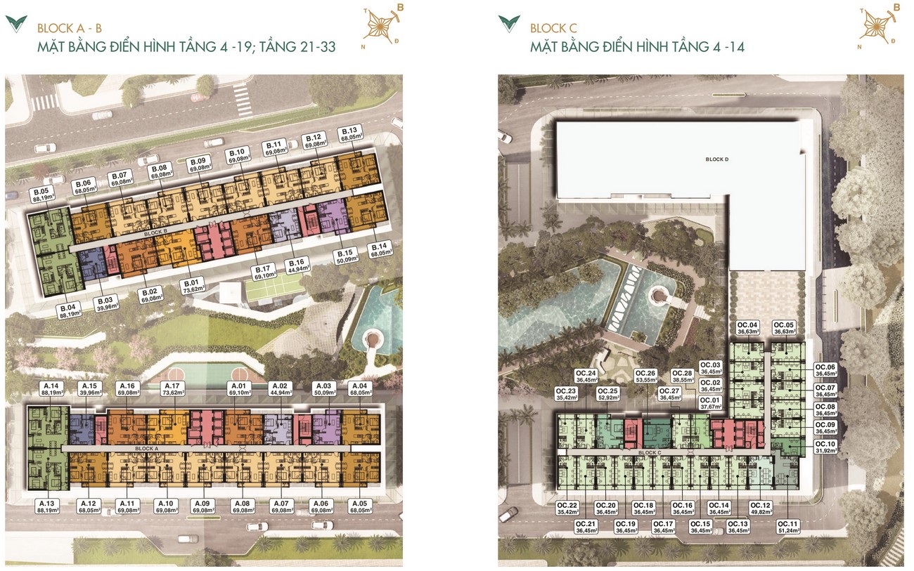 Mặt bằng điển hình tầng 4 đến 19 ; tầng 21 đến 33 Block A, B & Tầng 4 đến 14 Block C - Căn hộ Lavita