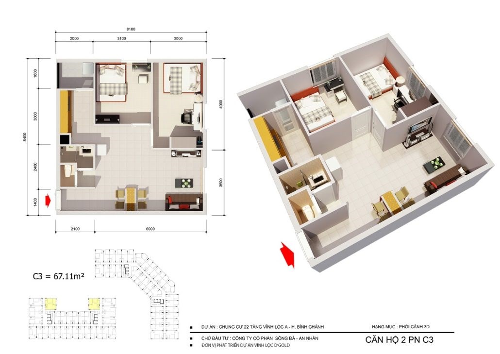 Loại căn hộ C3, diện tích 67,11m2 – Căn hộ Vĩnh Lộc D’Gold