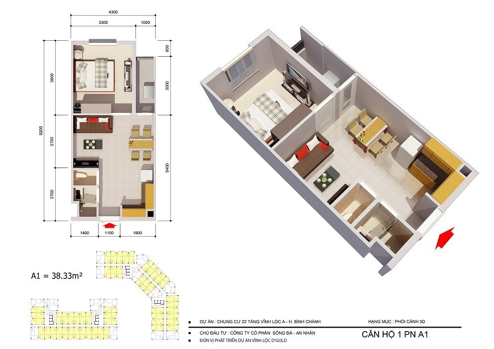 Loại căn hộ A1, diện tích 38,33m2 – Căn hộ Vĩnh Lộc D’Gold
