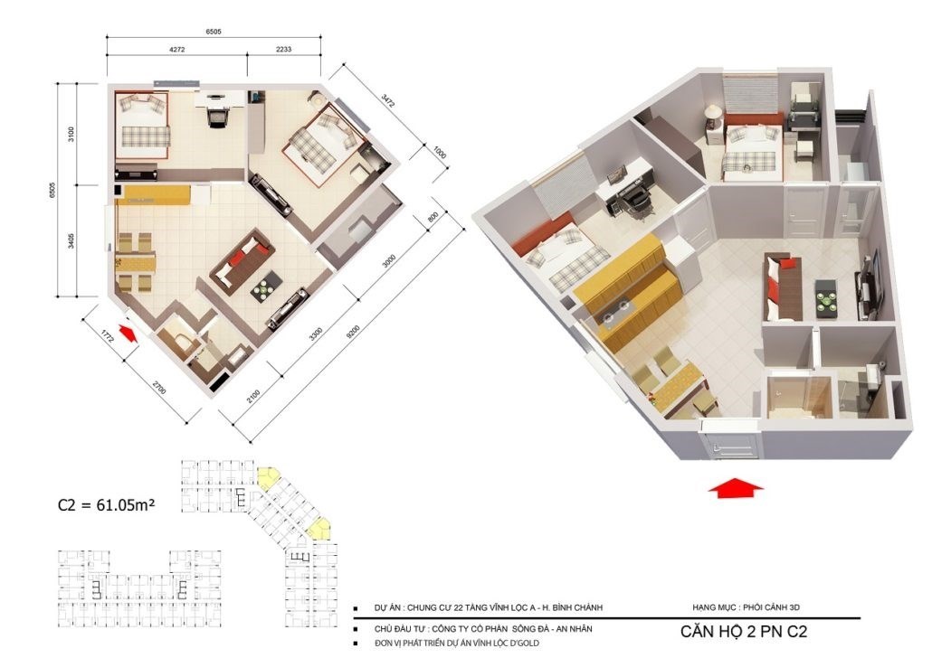 Loại căn hộ C2, diện tích 61.05m2 – Căn hộ Vĩnh Lộc D’Gold